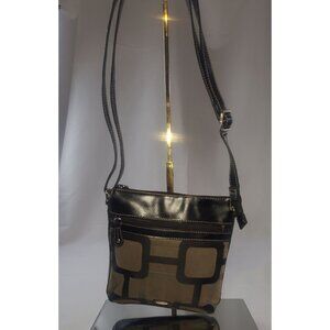Nine West Canvas Crossbody Purse Bag Handbag Black & Tan Zip Pockets Adjustable